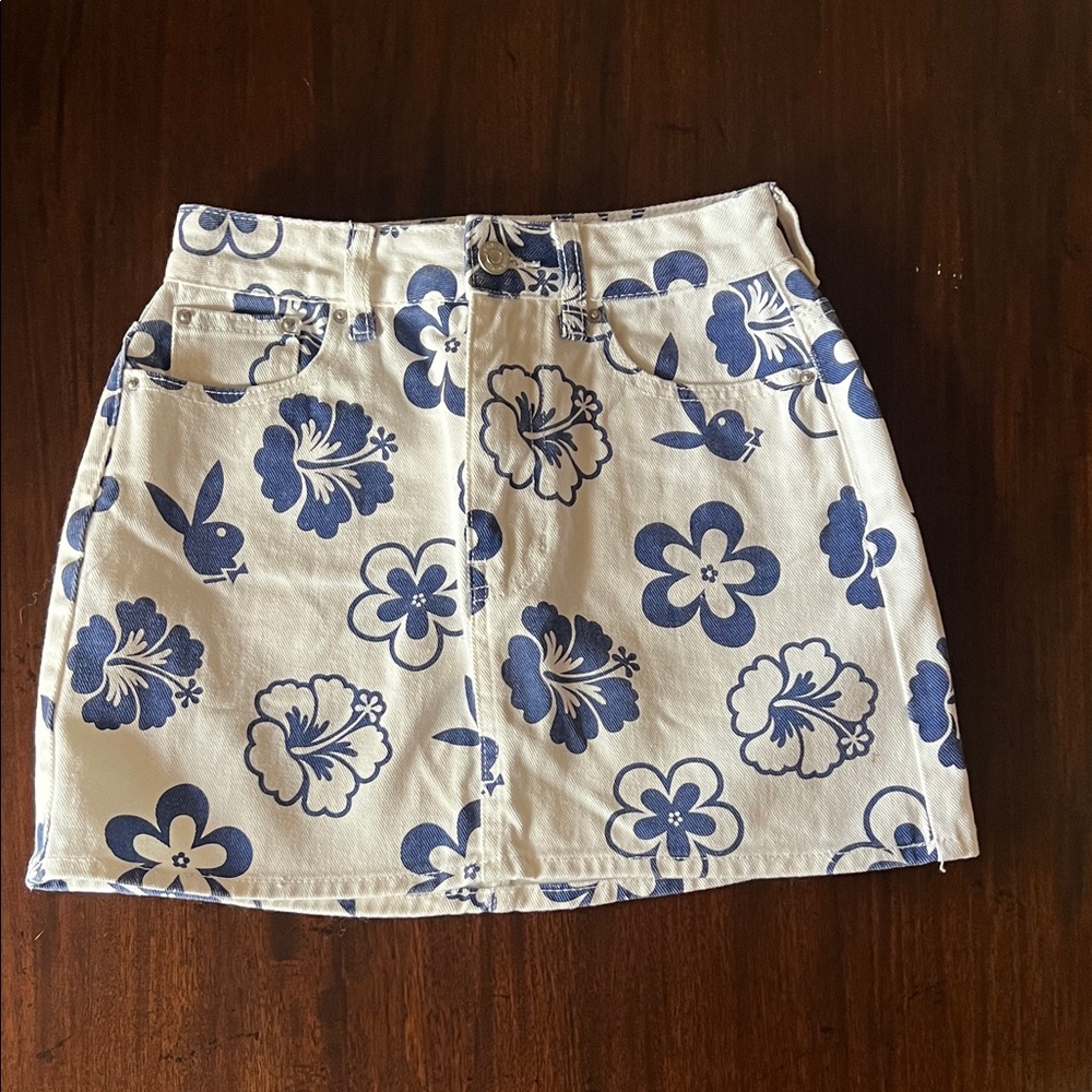 PacSun White Denim Mini Skirt with Blue Floral Print